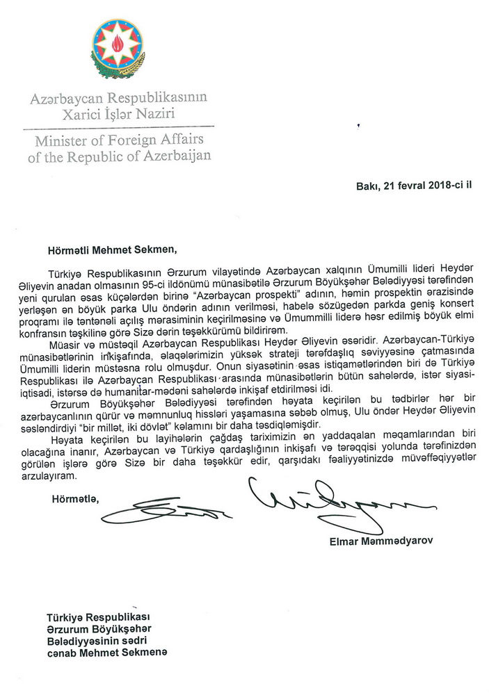 Azerbaycan Dışişleri Bakanı Memmedyarov’dan Sekmen’e Teşekkür Mektubu
