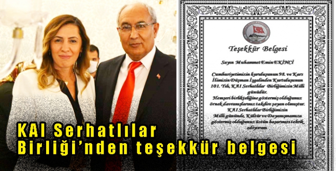 KAI Serhatlılar Birliği’nden teşekkür belgesi