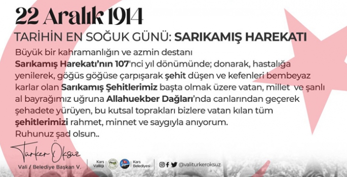 Kars Valisi Türker Öksüz’ün Sarıkamış Şehitleri mesajı