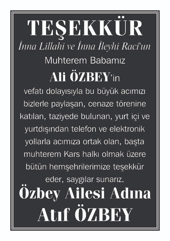 Özbey ailesinin taziye teşekkür mesajı