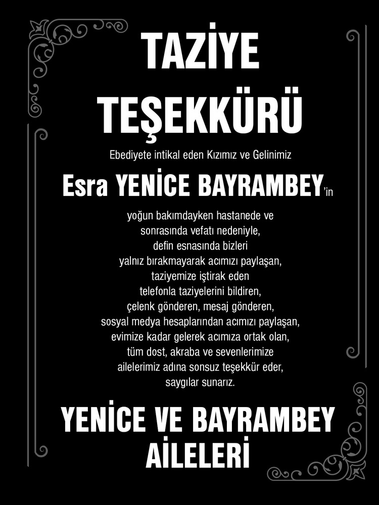 Yenice ve Bayrambey Ailelerinden Taziye Teşekkür Mesajı